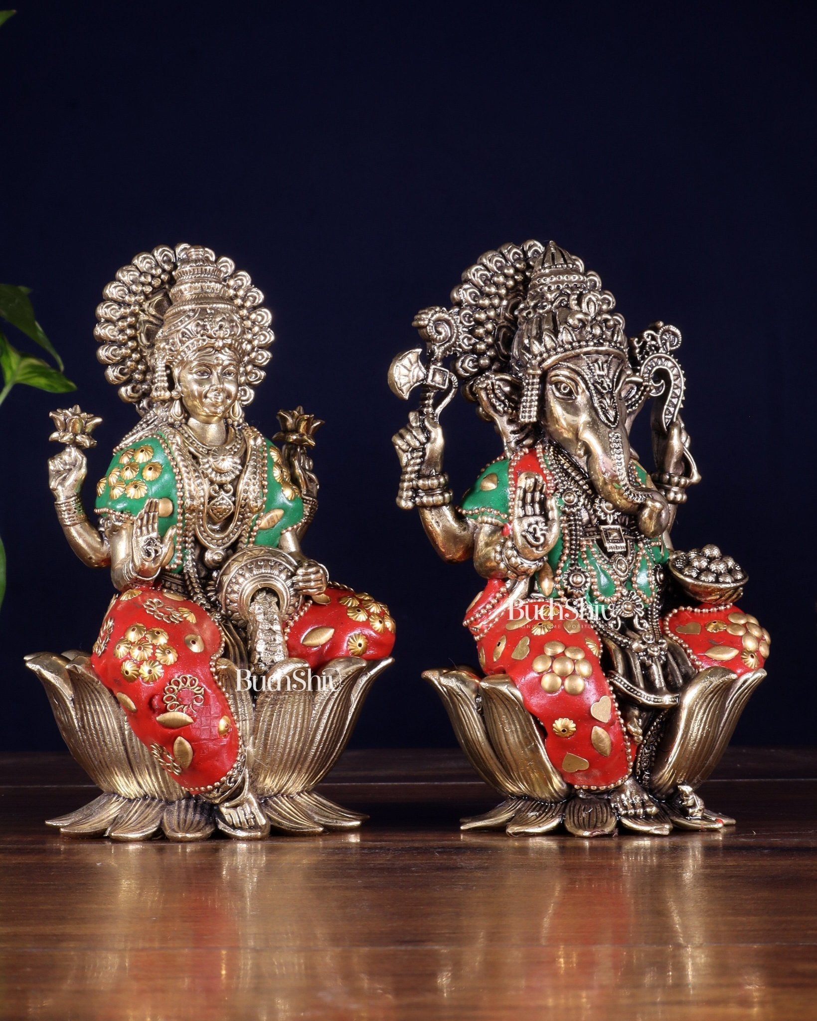 Brass Superfine Lord Ganesha & Goddess Lakshmi Pair – meenakari 6" - Budhshiv.com