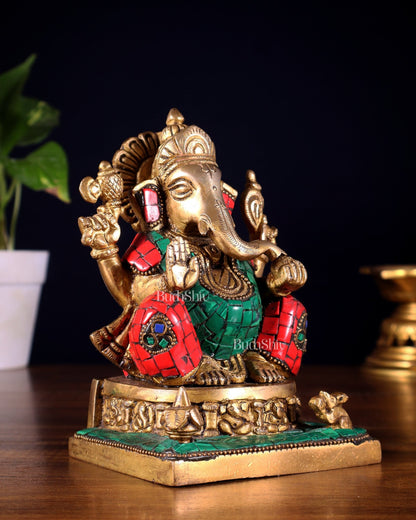 Brass Superfine Lord Ganesha Idol with Ashtavinayaka meenakari - 6.5 Inch - Budhshiv.com