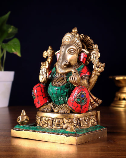 Brass Superfine Lord Ganesha Idol with Ashtavinayaka meenakari - 6.5 Inch - Budhshiv.com
