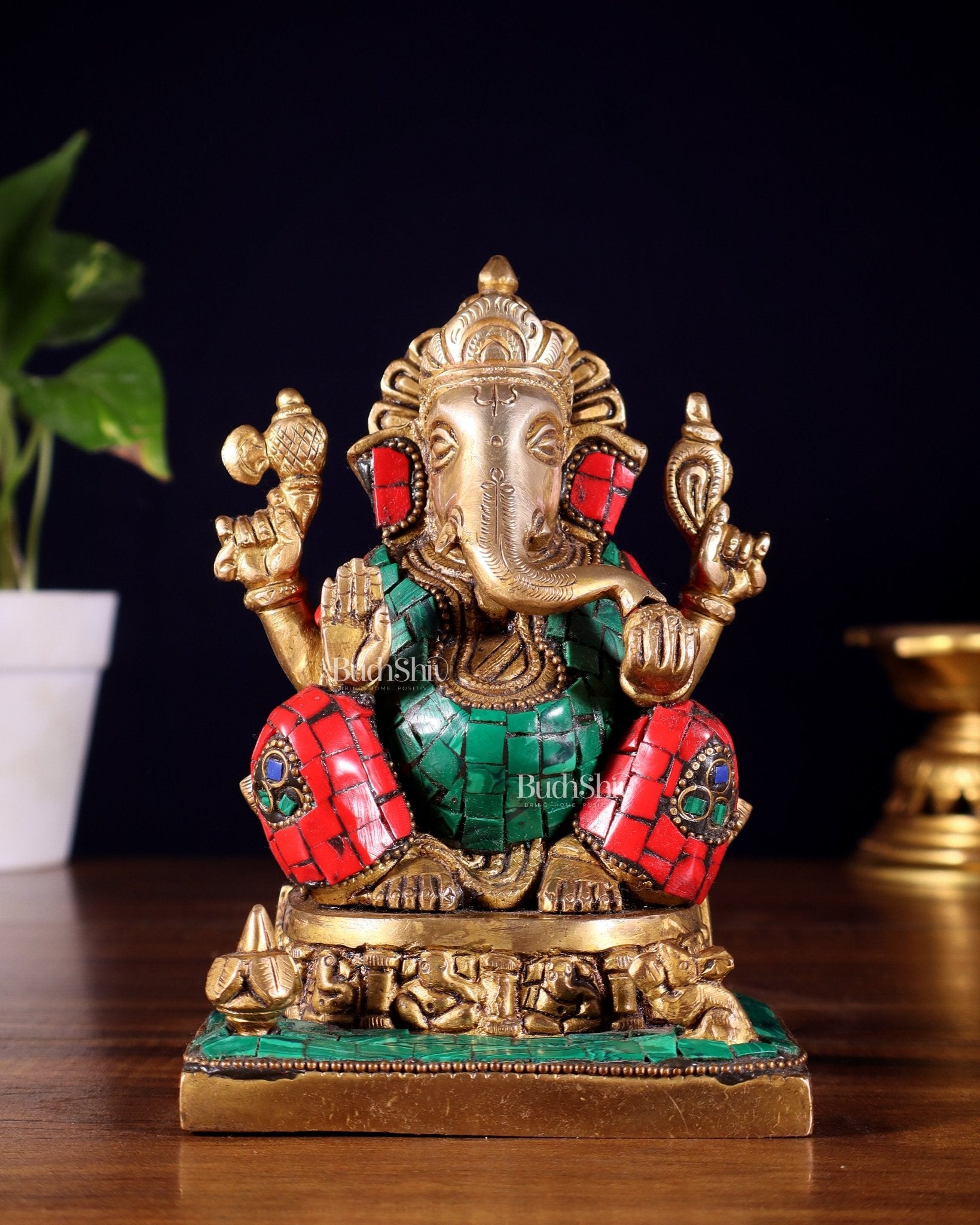 Brass Superfine Lord Ganesha Idol with Ashtavinayaka meenakari - 6.5 Inch - Budhshiv.com