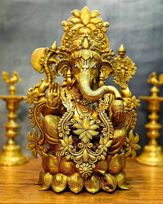 Brass Superfine Lord Ganesha Idol with Lotus – 23.5 Inches Tall - Budhshiv.com