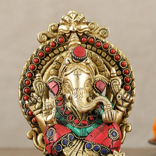 Brass Superfine Lord Ganesha idol with stonework 6" - Budhshiv.com