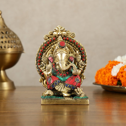 Brass Superfine Lord Ganesha idol with stonework 6" - Budhshiv.com