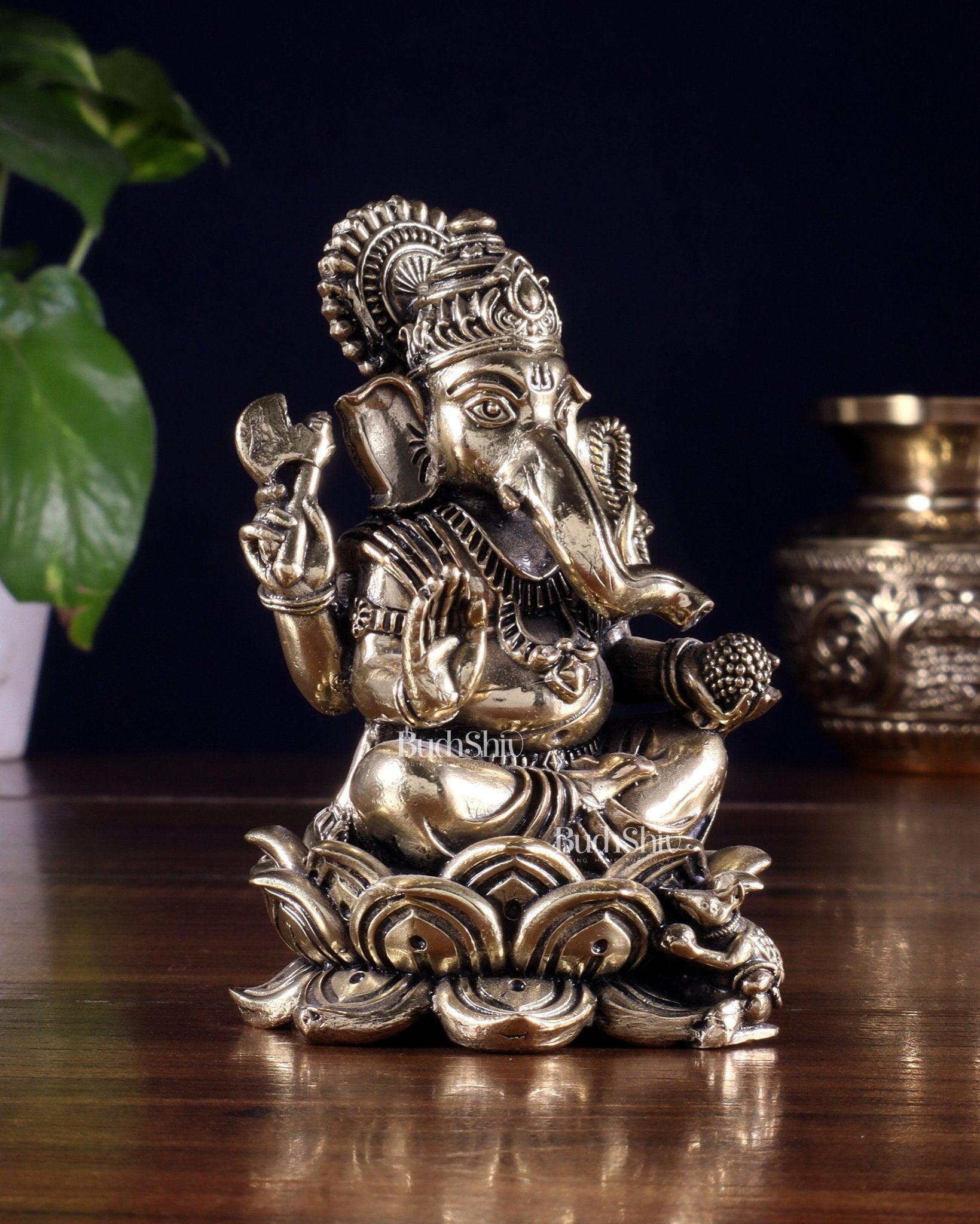 Brass Superfine Lord Ganesha on Lotus Idol 4 inch - Budhshiv.com