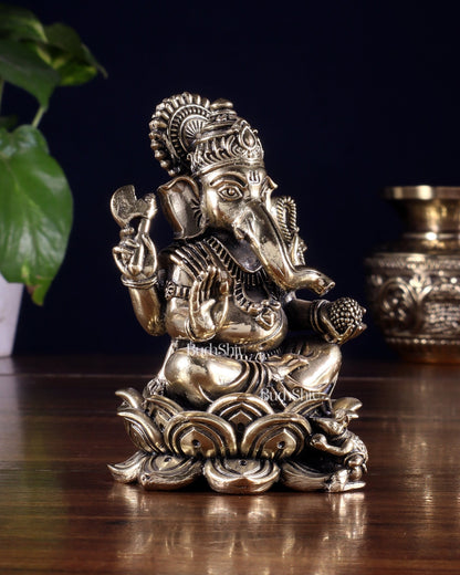 Brass Superfine Lord Ganesha on Lotus Idol 4 inch - Budhshiv.com