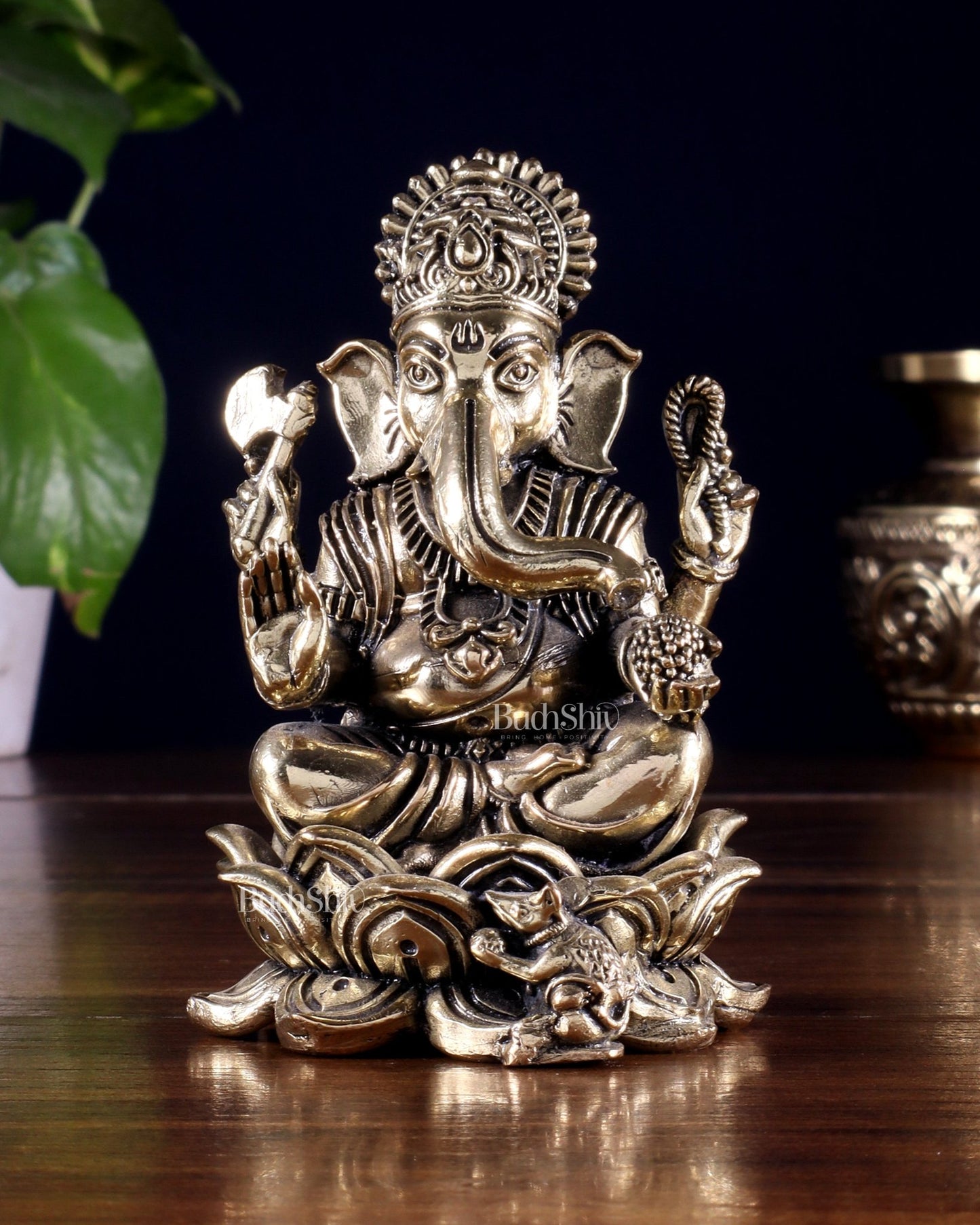 Brass Superfine Lord Ganesha on Lotus Idol 4 inch - Budhshiv.com