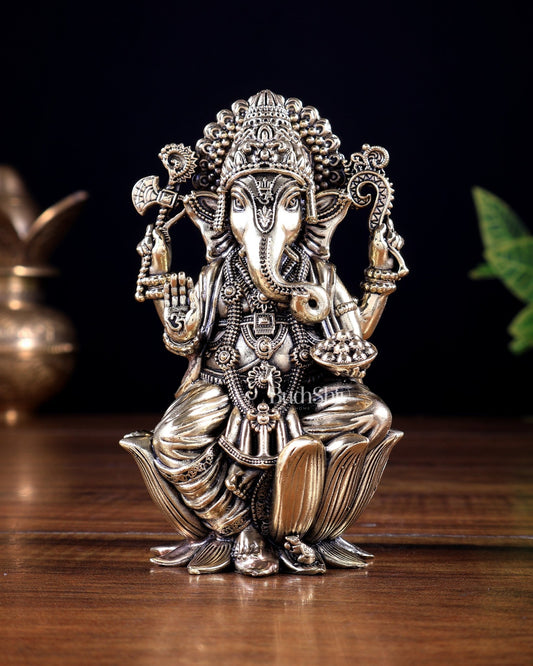 Brass Superfine Lord Ganesha on Lotus Idol 5 inch - Budhshiv.com