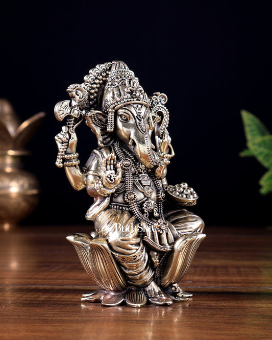 Brass Superfine Lord Ganesha on Lotus Idol 5 inch - Budhshiv.com