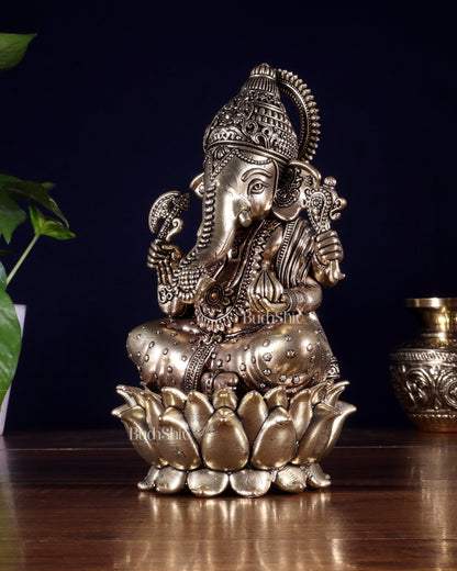 Brass Superfine Lord Ganesha on Lotus Idol 8 inch - Budhshiv.com