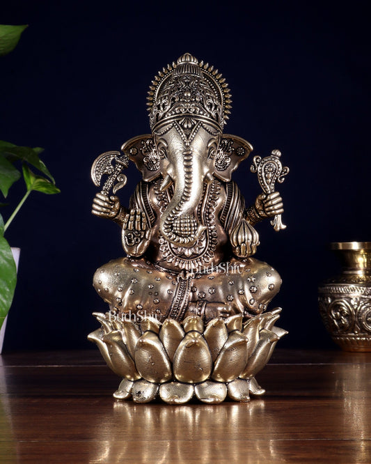 Brass Superfine Lord Ganesha on Lotus Idol 8 inch - Budhshiv.com