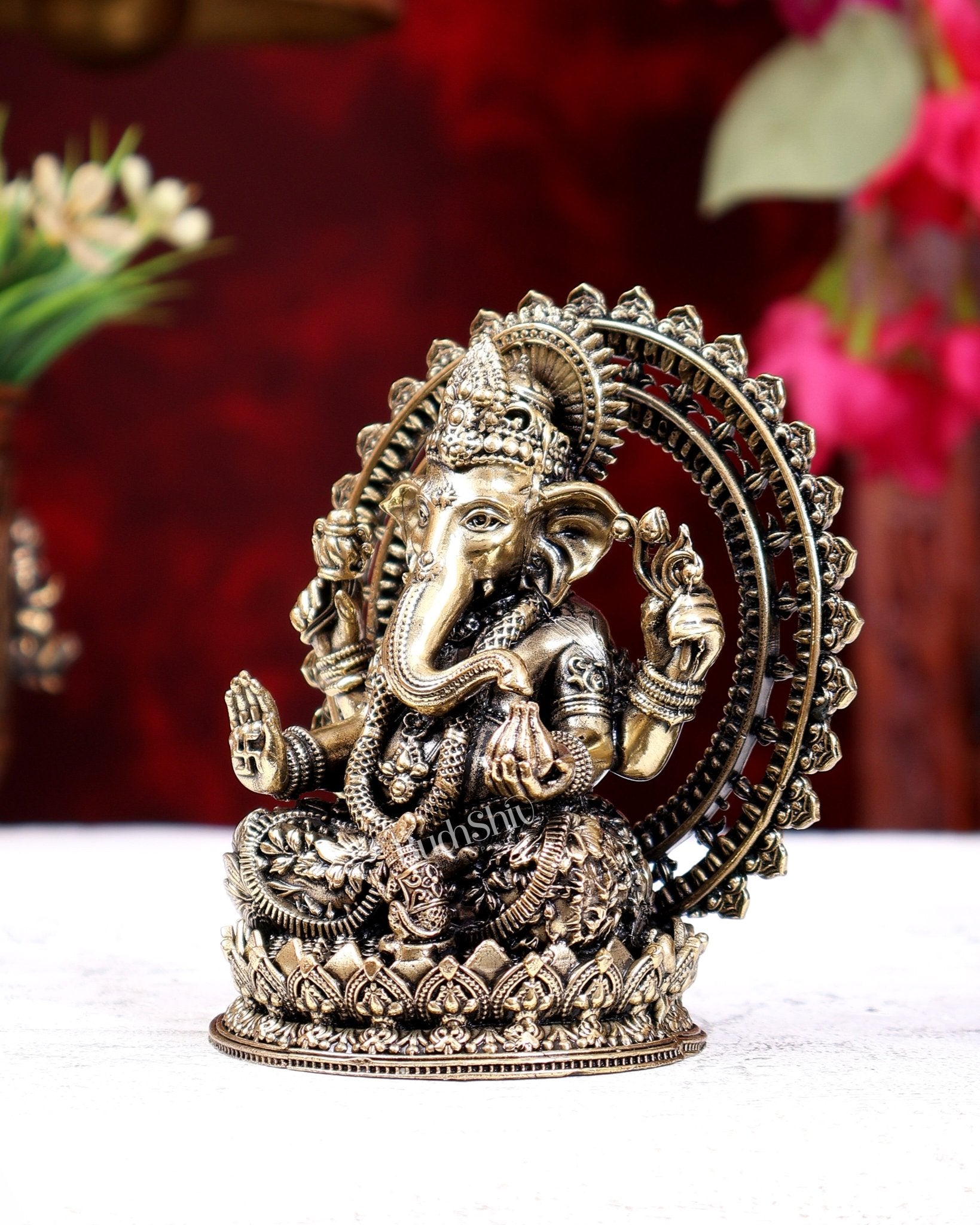 Brass Superfine Lord Ganesha on Throne Idol 4 inch - Budhshiv.com