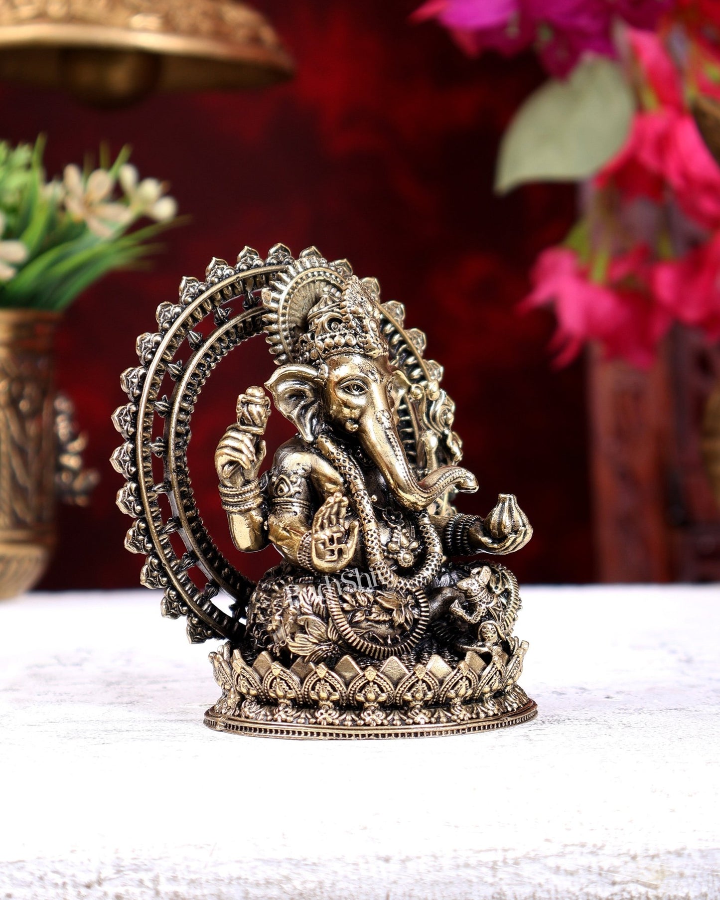 Brass Superfine Lord Ganesha on Throne Idol 4 inch - Budhshiv.com
