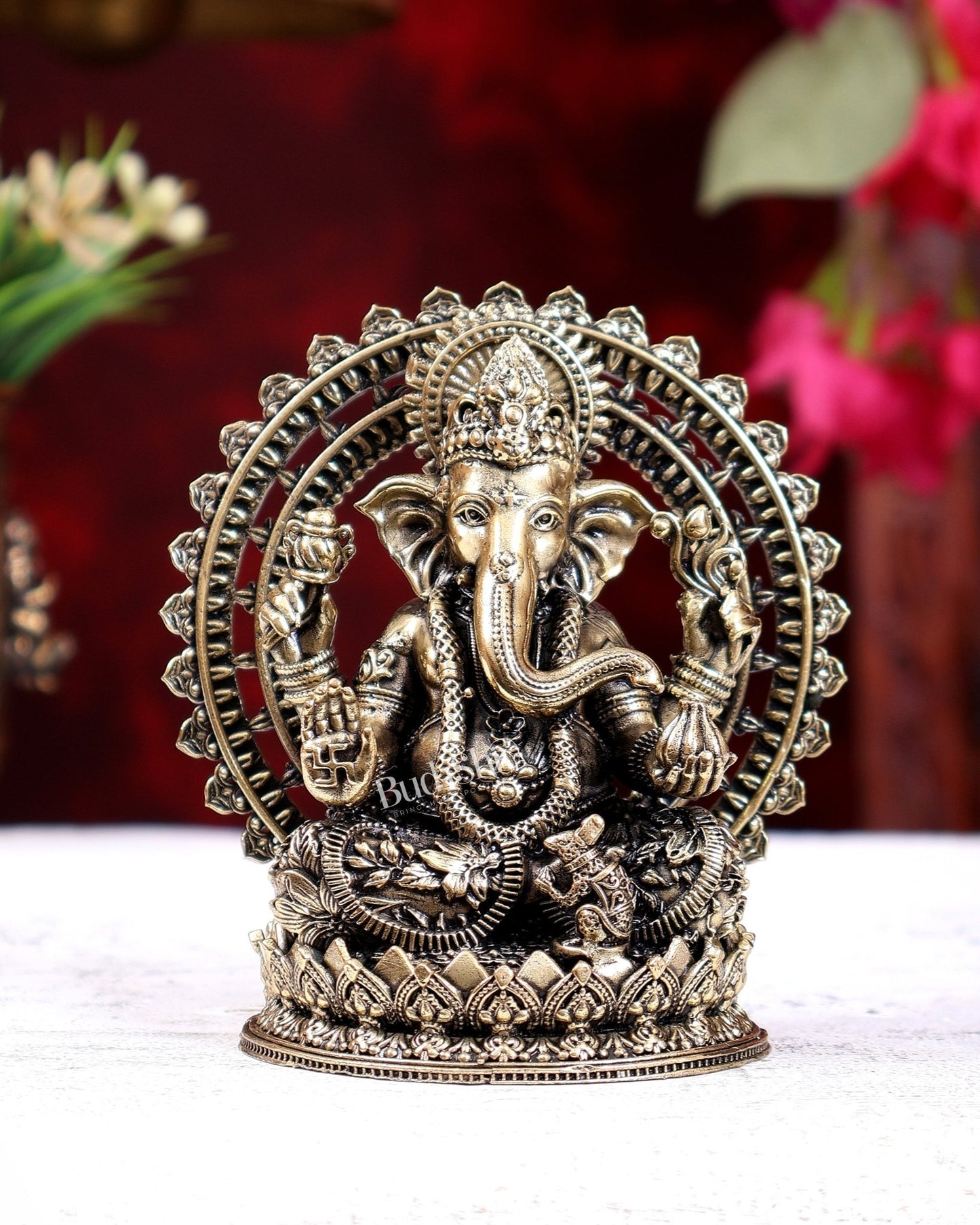 Brass Superfine Lord Ganesha on Throne Idol 4 inch - Budhshiv.com