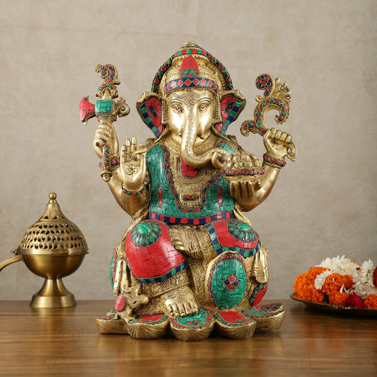 Brass Superfine Lord Ganesha Statue - 16 Inch stonework - Budhshiv.com