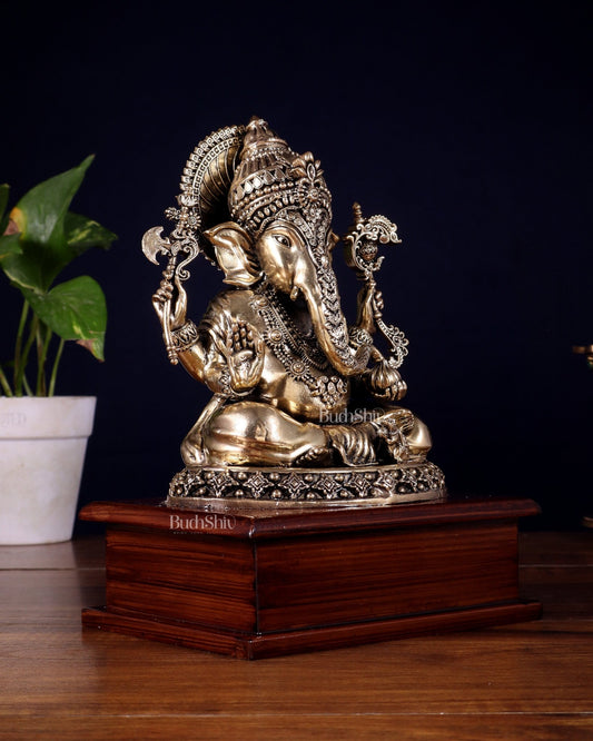 Brass Superfine Lord Ganesha Statue on Wooden Base – 8.5 Inch - Budhshiv.com