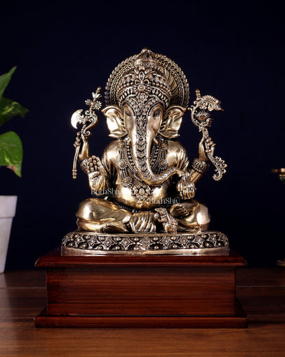 Brass Superfine Lord Ganesha Statue on Wooden Base – 8.5 Inch - Budhshiv.com