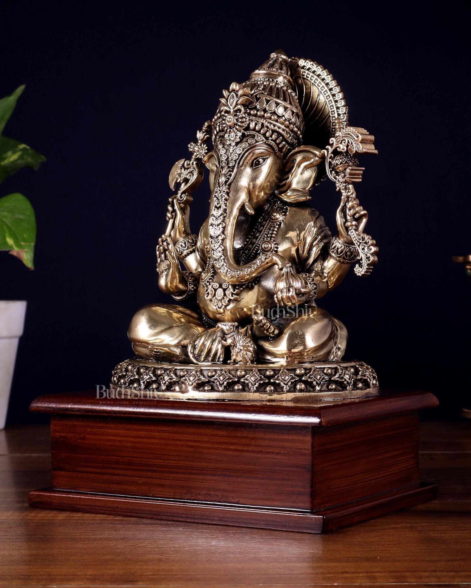 Brass Superfine Lord Ganesha Statue on Wooden Base – 8.5 Inch - Budhshiv.com