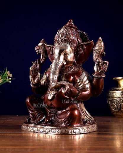 Brass Superfine Lord Ganesha Statue with Dual Tone Finish 9 inch - Budhshiv.com