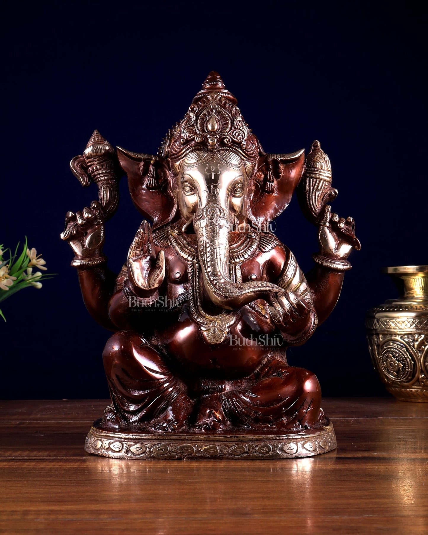 Brass Superfine Lord Ganesha Statue with Dual Tone Finish 9 inch - Budhshiv.com
