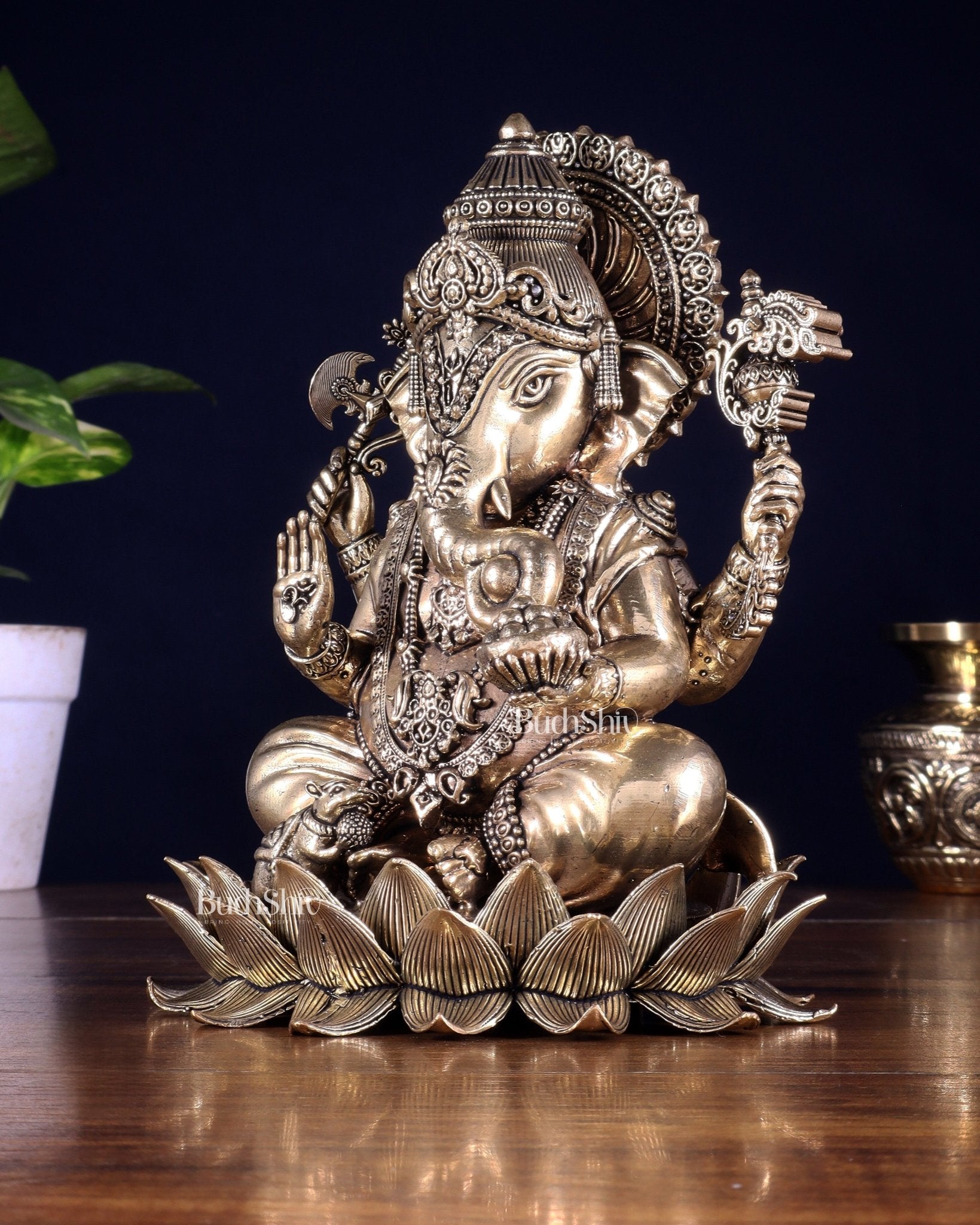 Brass Superfine Lord Ganesha Statue with Enhanced Carvings 8 inch - Budhshiv.com