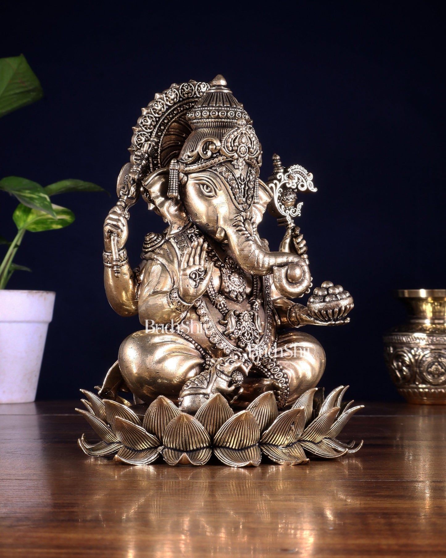 Brass Superfine Lord Ganesha Statue with Enhanced Carvings 8 inch - Budhshiv.com