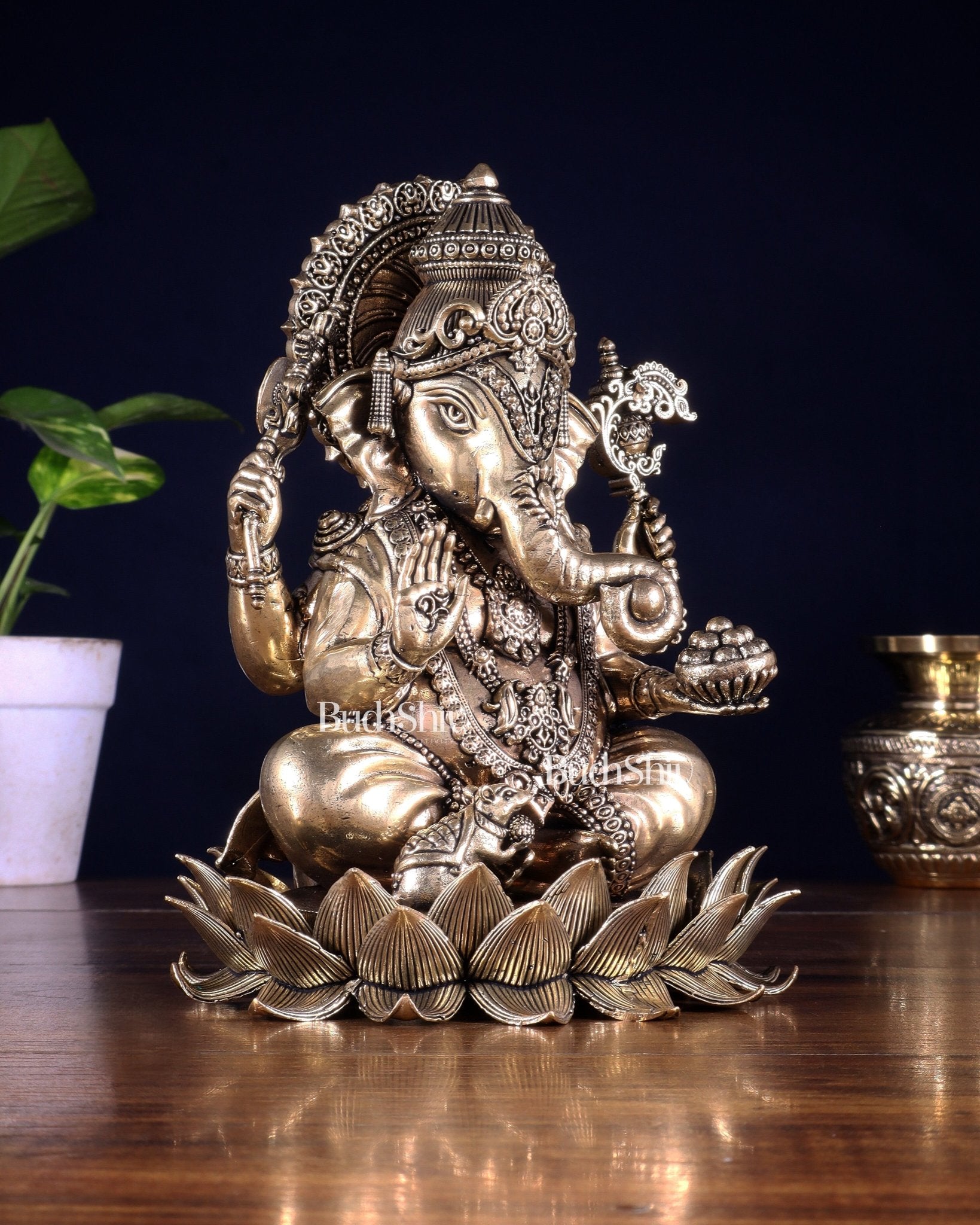 Brass Superfine Lord Ganesha Statue with Enhanced Carvings 8 inch - Budhshiv.com