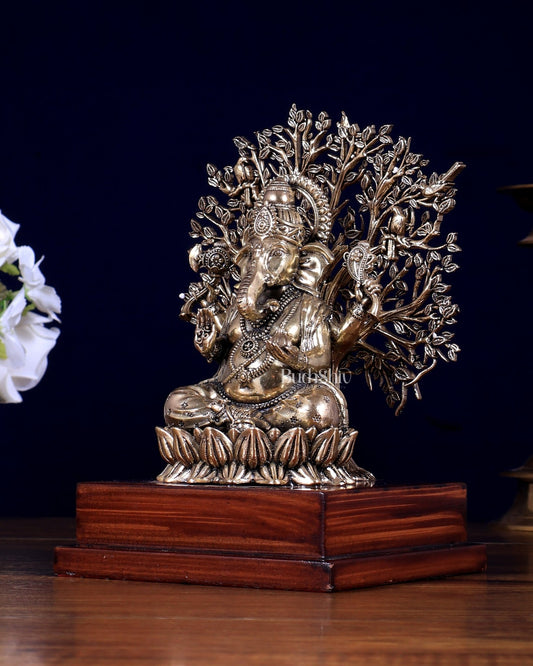 Brass Superfine Lord Ganesha with Kalpavriksha on Wooden Base – Perfect Gift Momento - Budhshiv.com