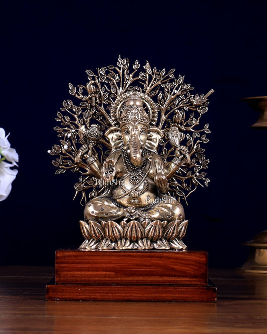 Brass Superfine Lord Ganesha with Kalpavriksha on Wooden Base – Perfect Gift Momento - Budhshiv.com