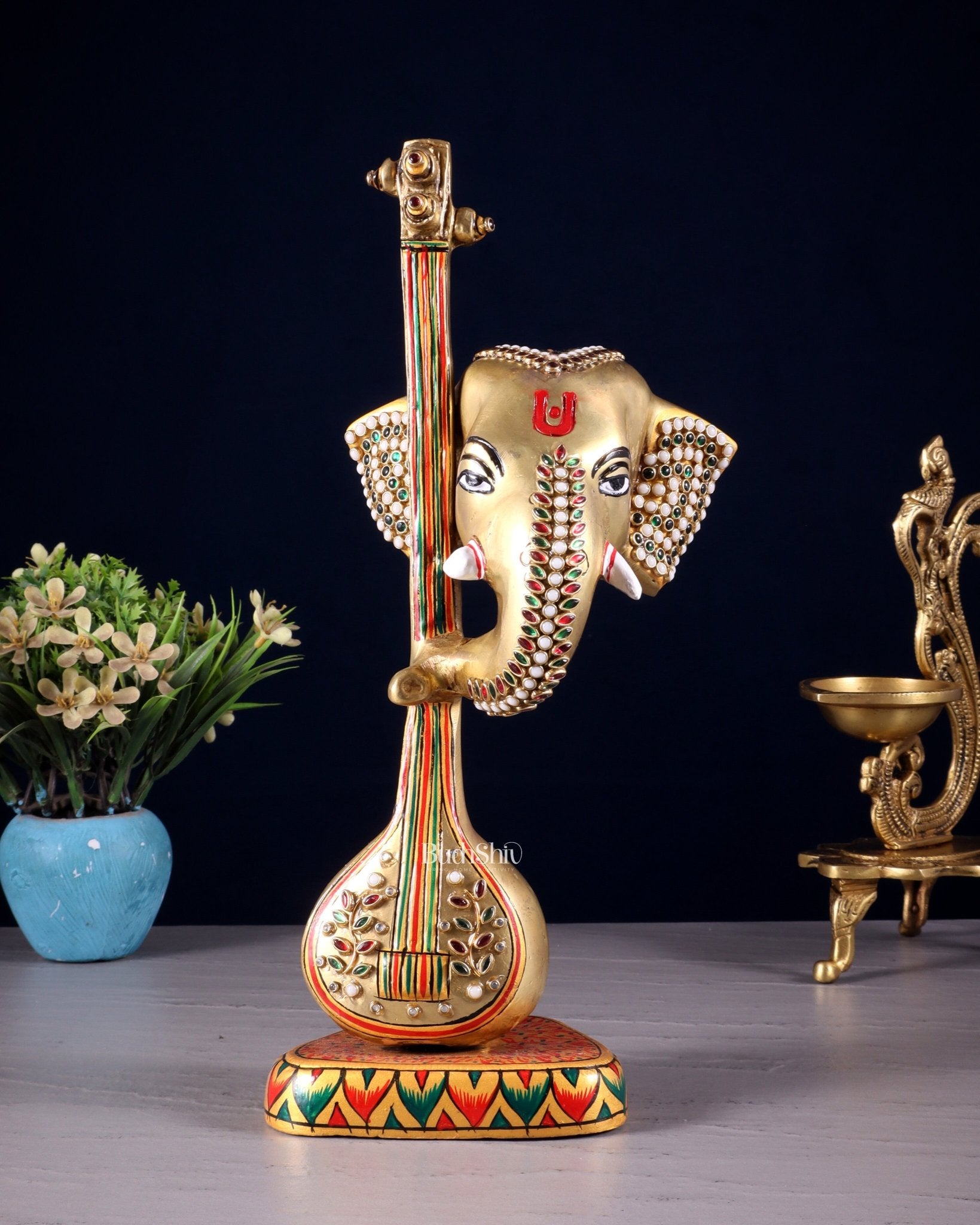Brass Superfine Lord Ganesha with sitar laakh meenakari - 12 Inch - Budhshiv.com