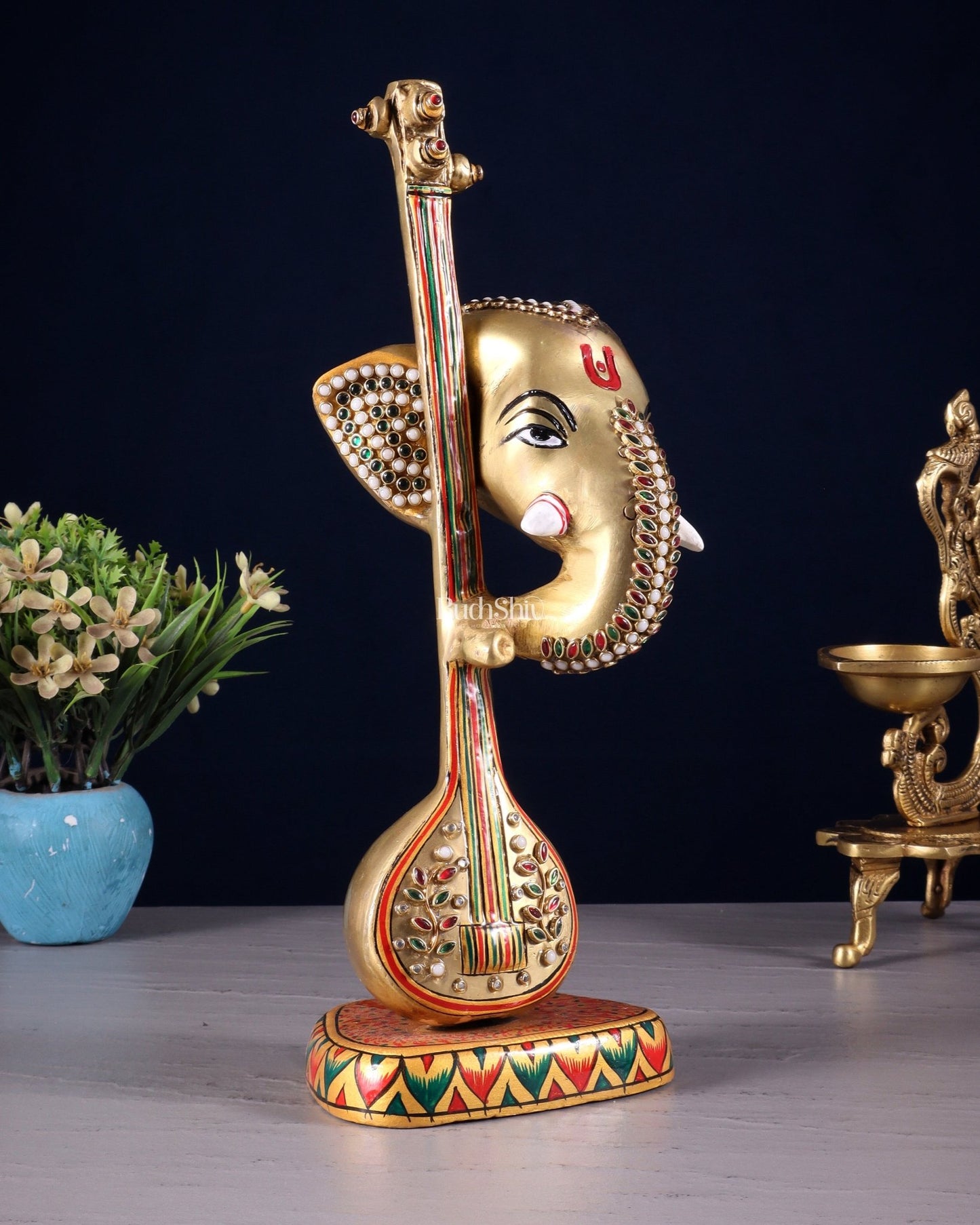 Brass Superfine Lord Ganesha with sitar laakh meenakari - 12 Inch - Budhshiv.com