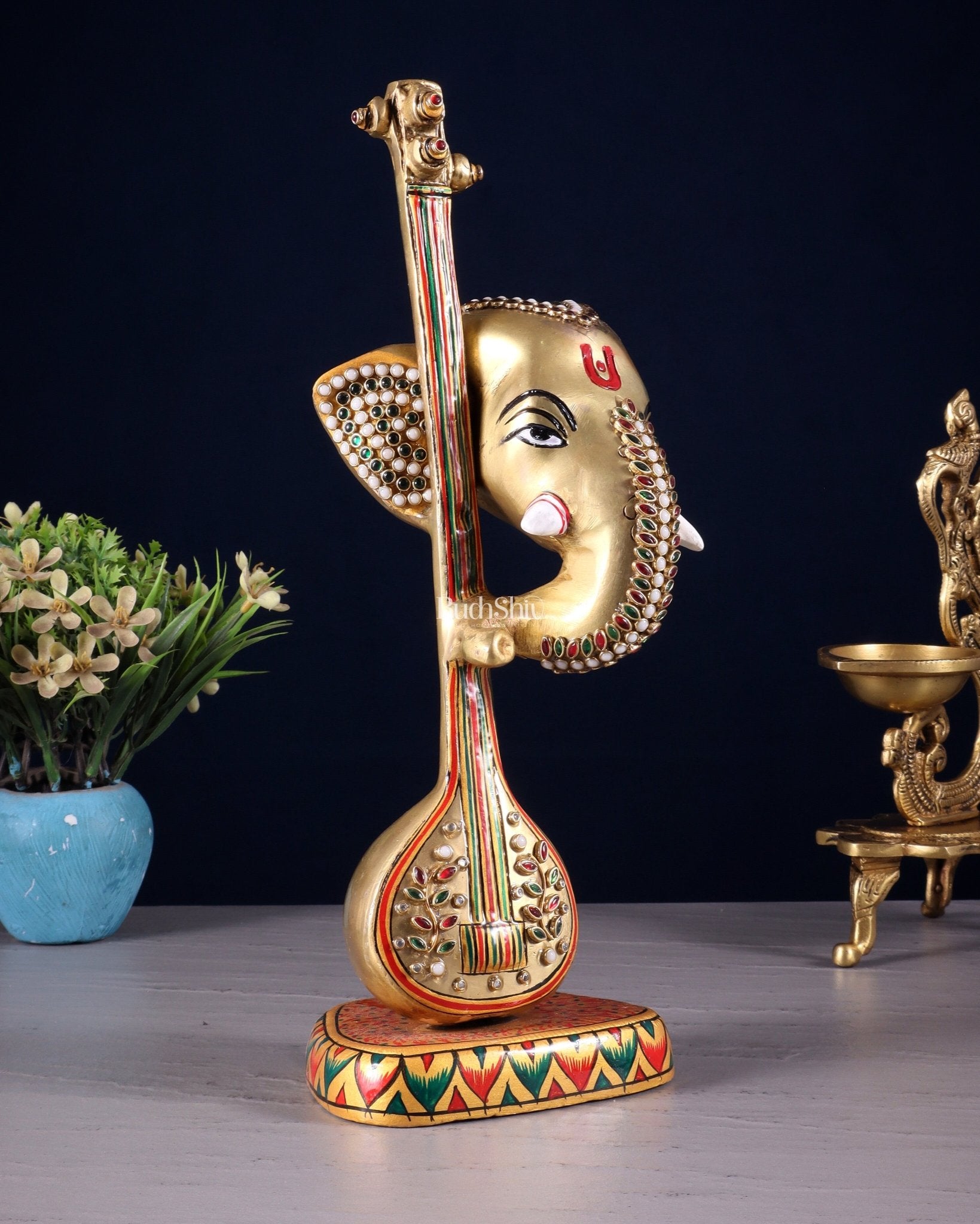 Brass Superfine Lord Ganesha with sitar laakh meenakari - 12 Inch - Budhshiv.com