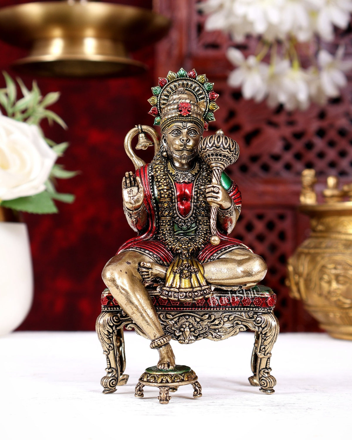 Brass Superfine Lord Hanuman on Throne Idol 5.5 inch handpainted - Budhshiv.com
