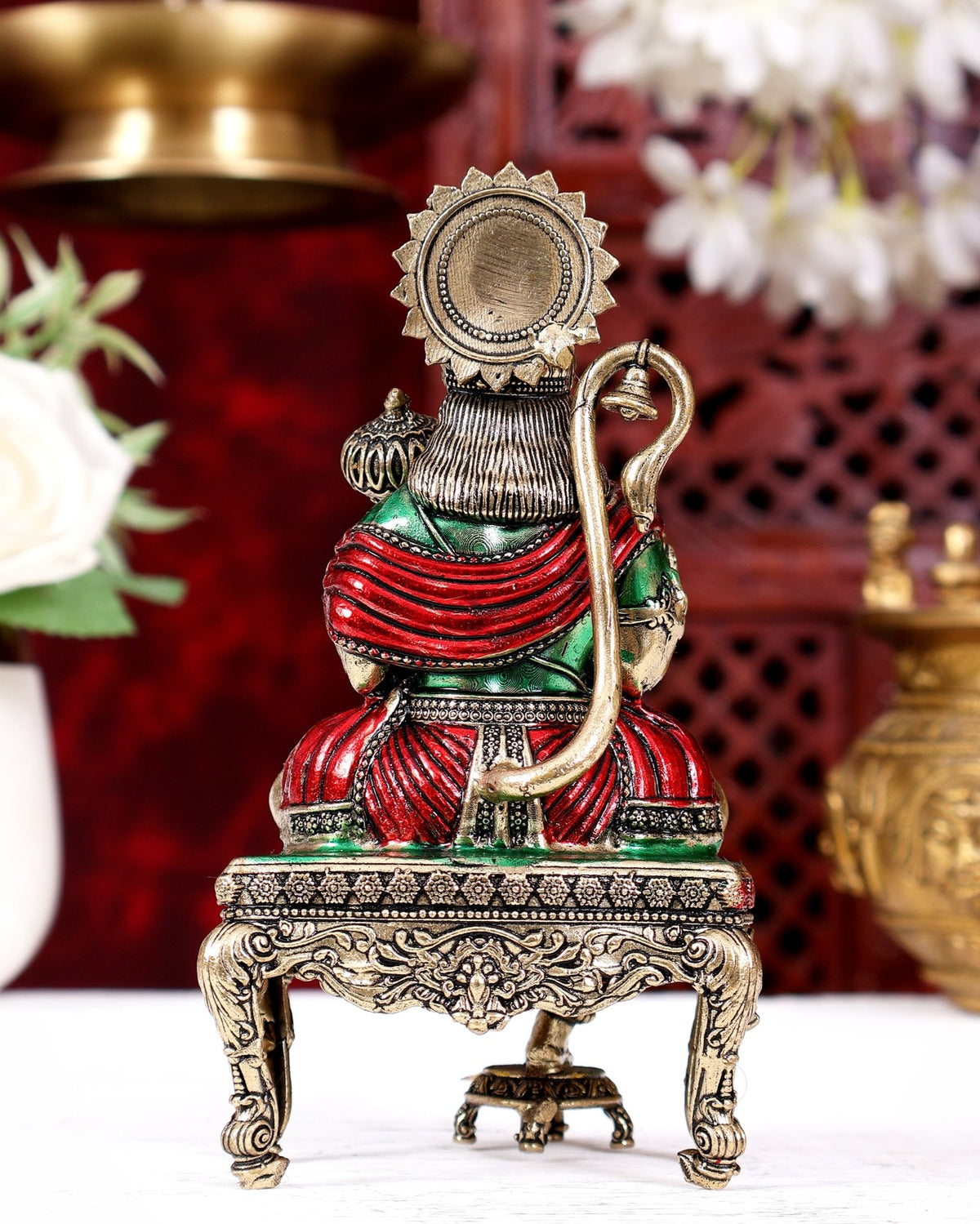 Brass Superfine Lord Hanuman on Throne Idol 5.5 inch handpainted - Budhshiv.com