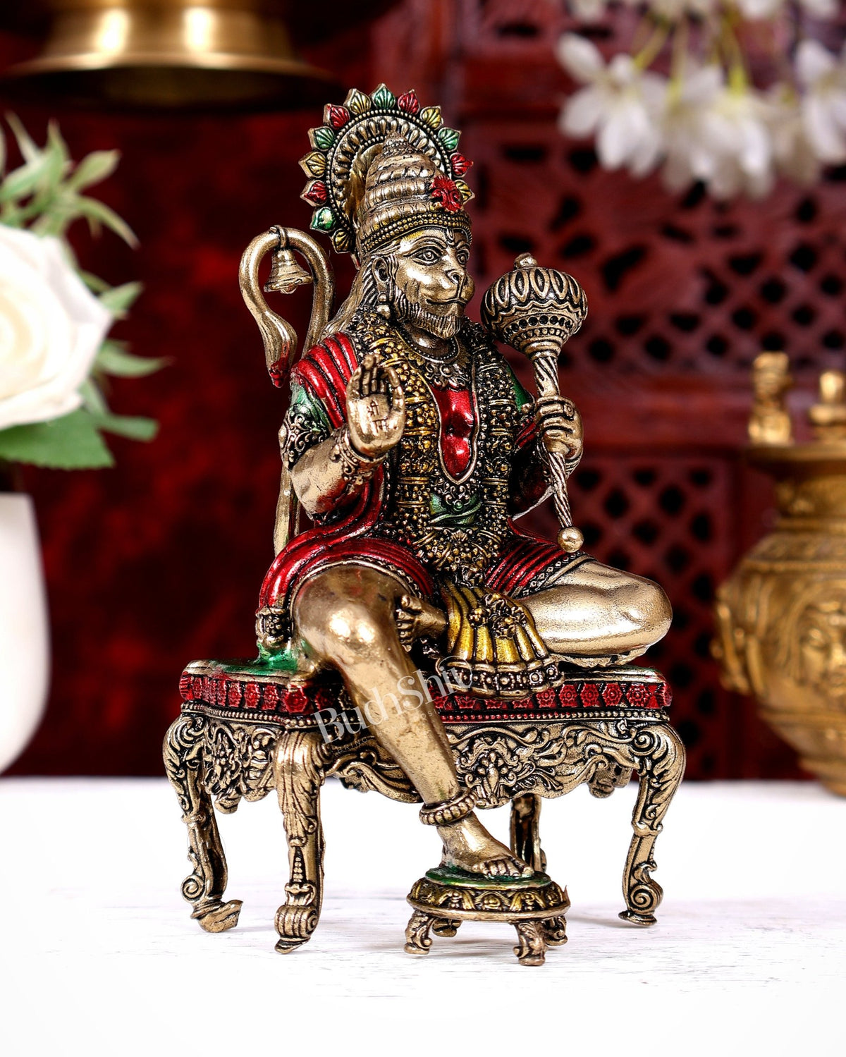 Brass Superfine Lord Hanuman on Throne Idol 5.5 inch handpainted - Budhshiv.com