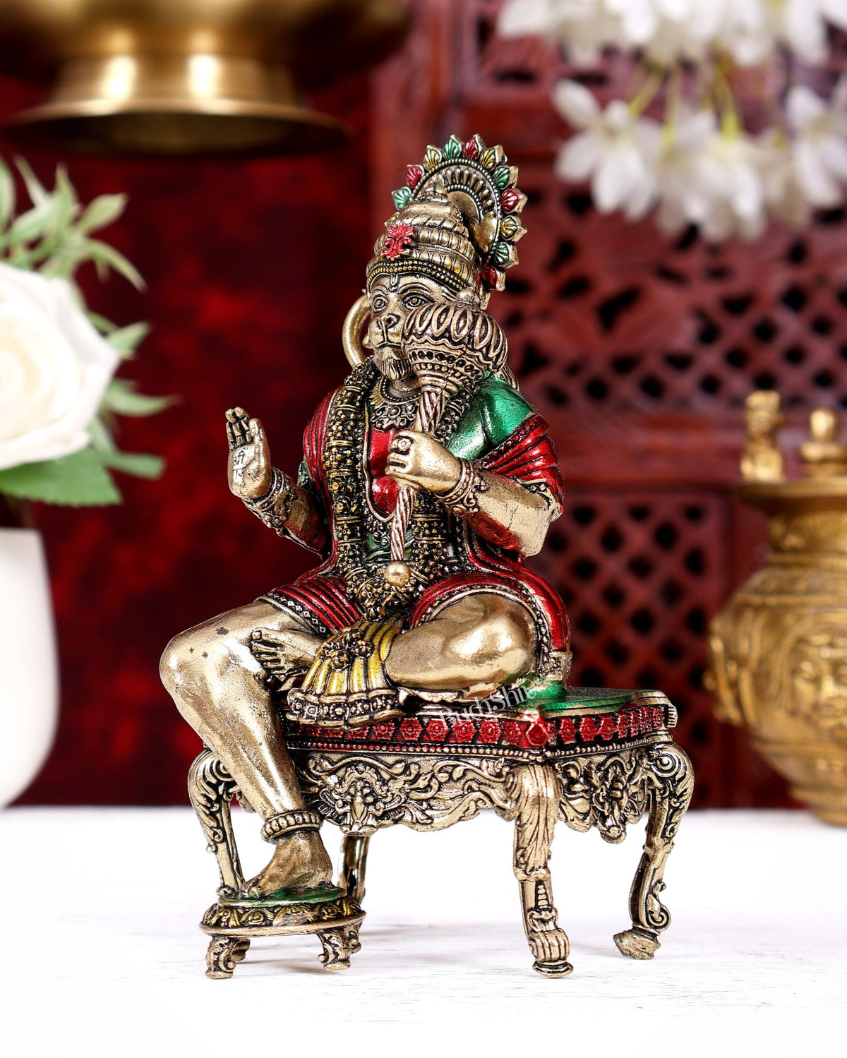 Brass Superfine Lord Hanuman on Throne Idol 5.5 inch handpainted - Budhshiv.com