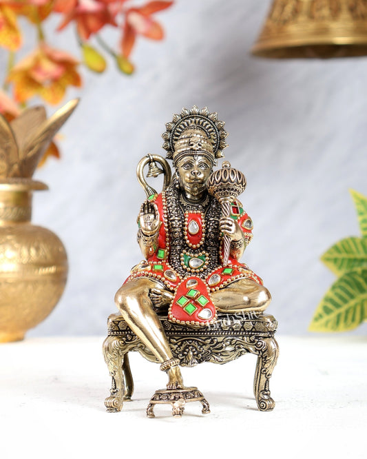 Brass Superfine Lord Hanuman on Throne Idol 5.5 inch with meenakari - Budhshiv.com