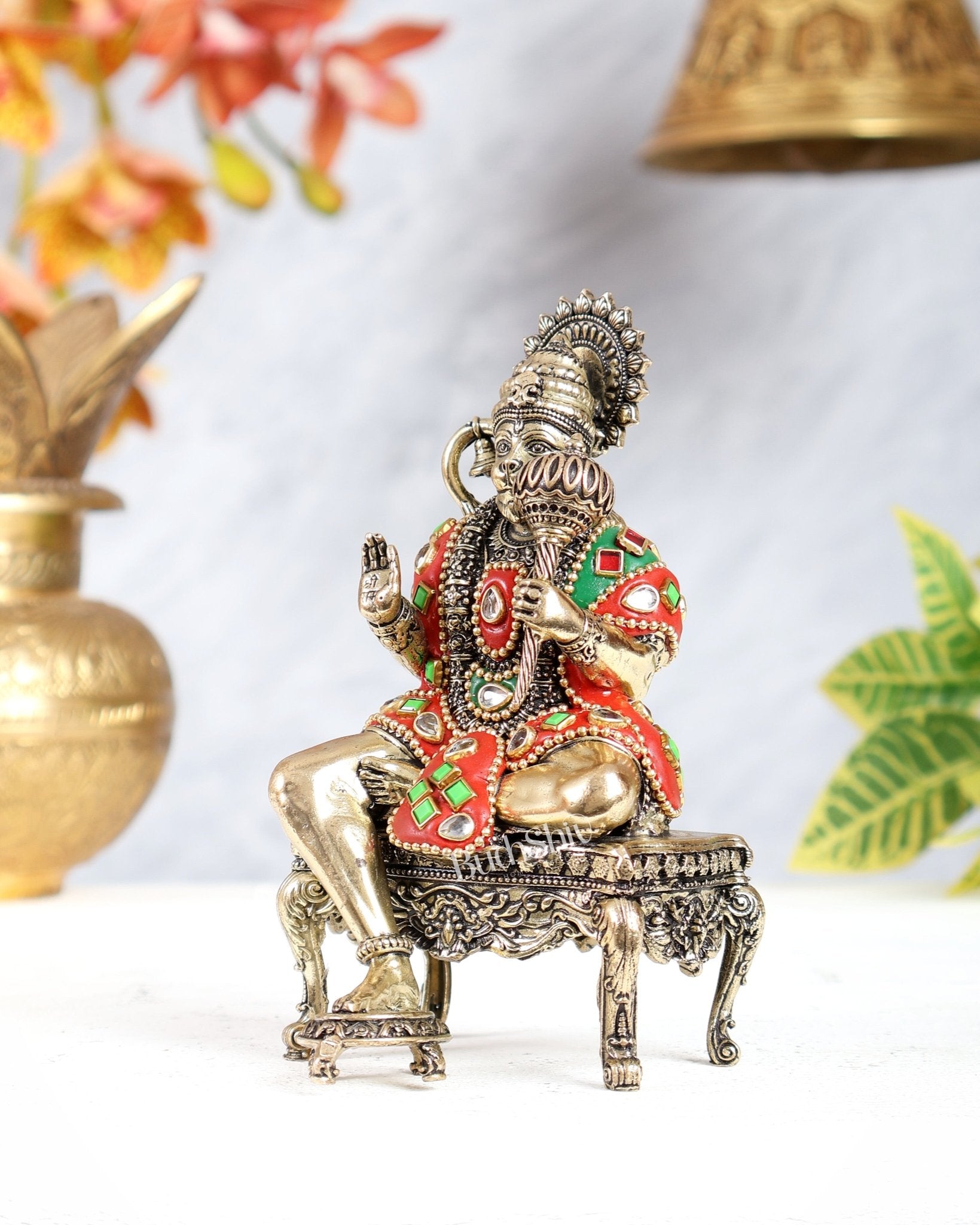 Brass Superfine Lord Hanuman on Throne Idol 5.5 inch with meenakari - Budhshiv.com