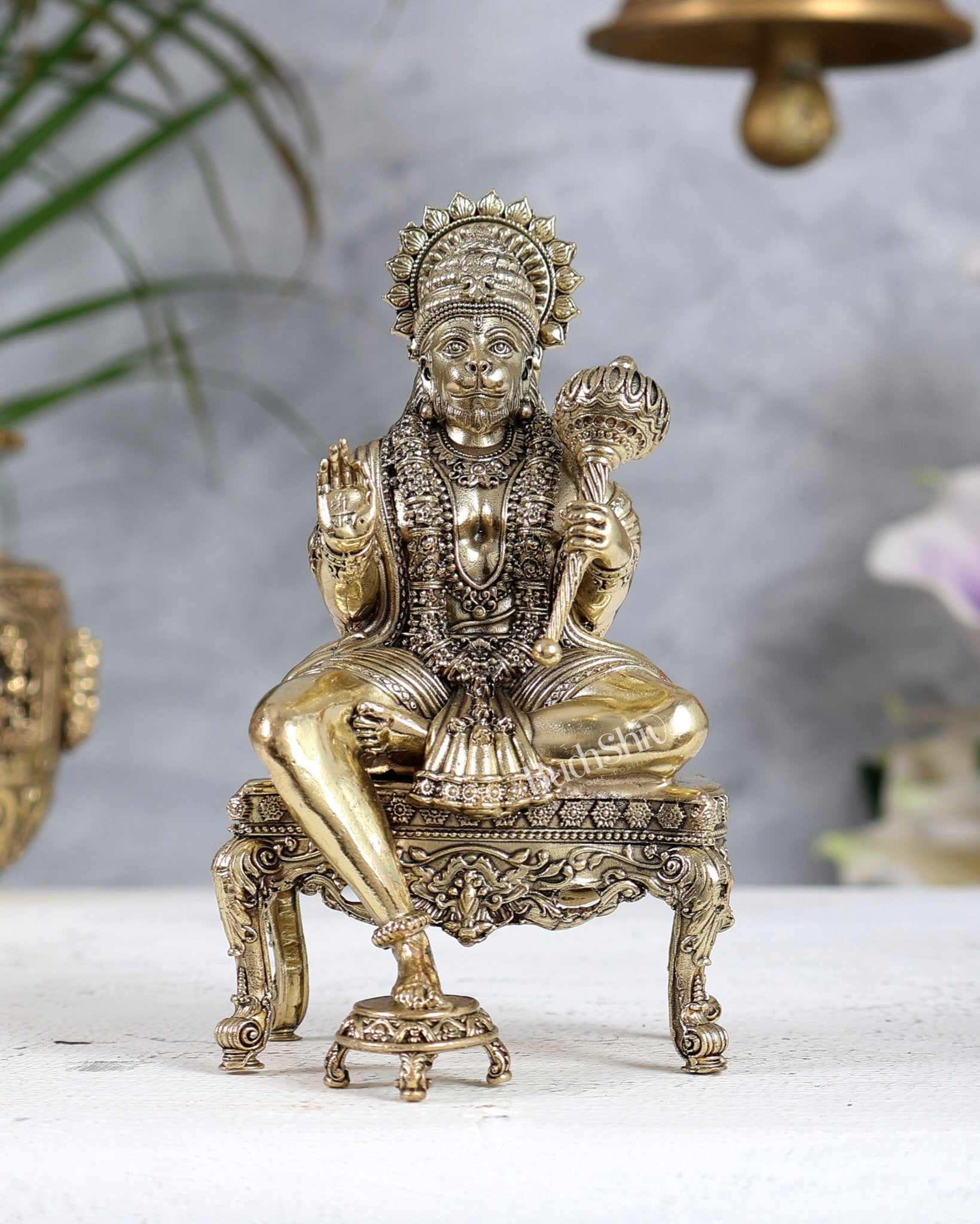 Brass Superfine Lord Hanuman on Throne Idol 5.5 inch - Budhshiv.com
