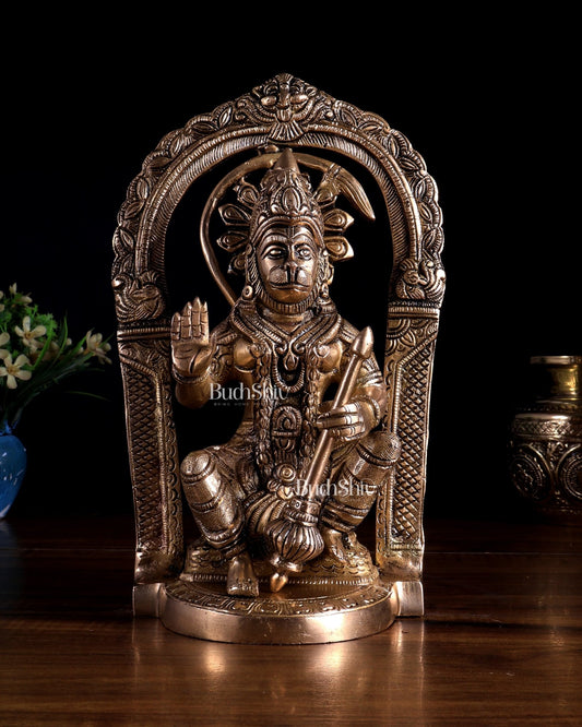 Brass Superfine Lord Hanuman Statue with Prabhavali & Adjustable Gada 8 inch - Budhshiv.com