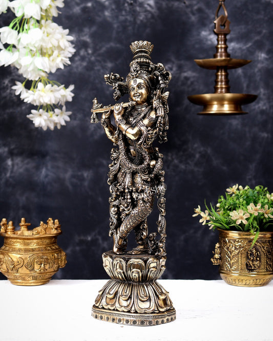 Brass Superfine Lord Krishna Idol | Intricately Handcrafted Divine Sculpture 15 inch (38 cm) - Budhshiv.com