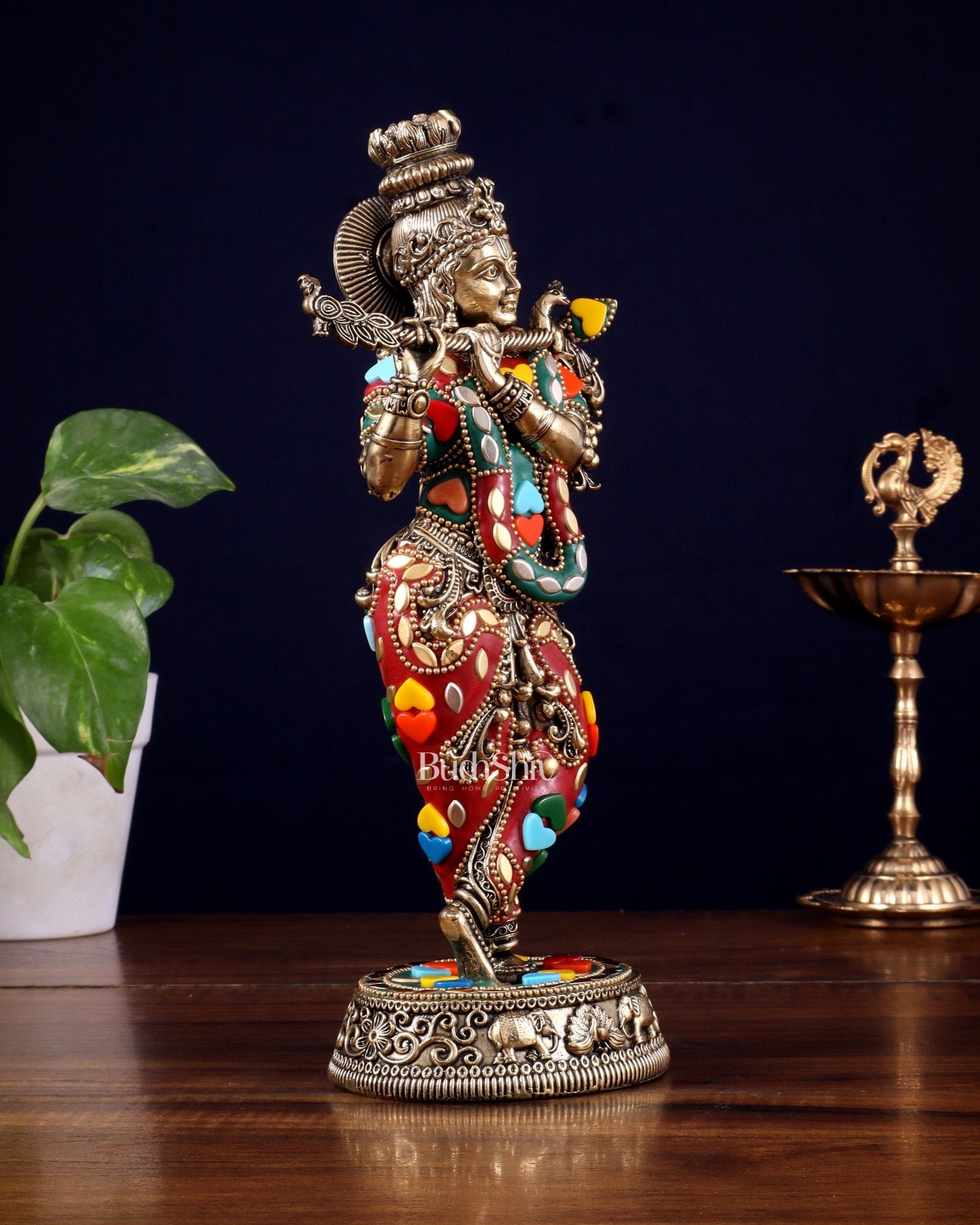 Brass Superfine Lord Krishna Idol with Meenakari Stonework – 9.5 Inch - Budhshiv.com