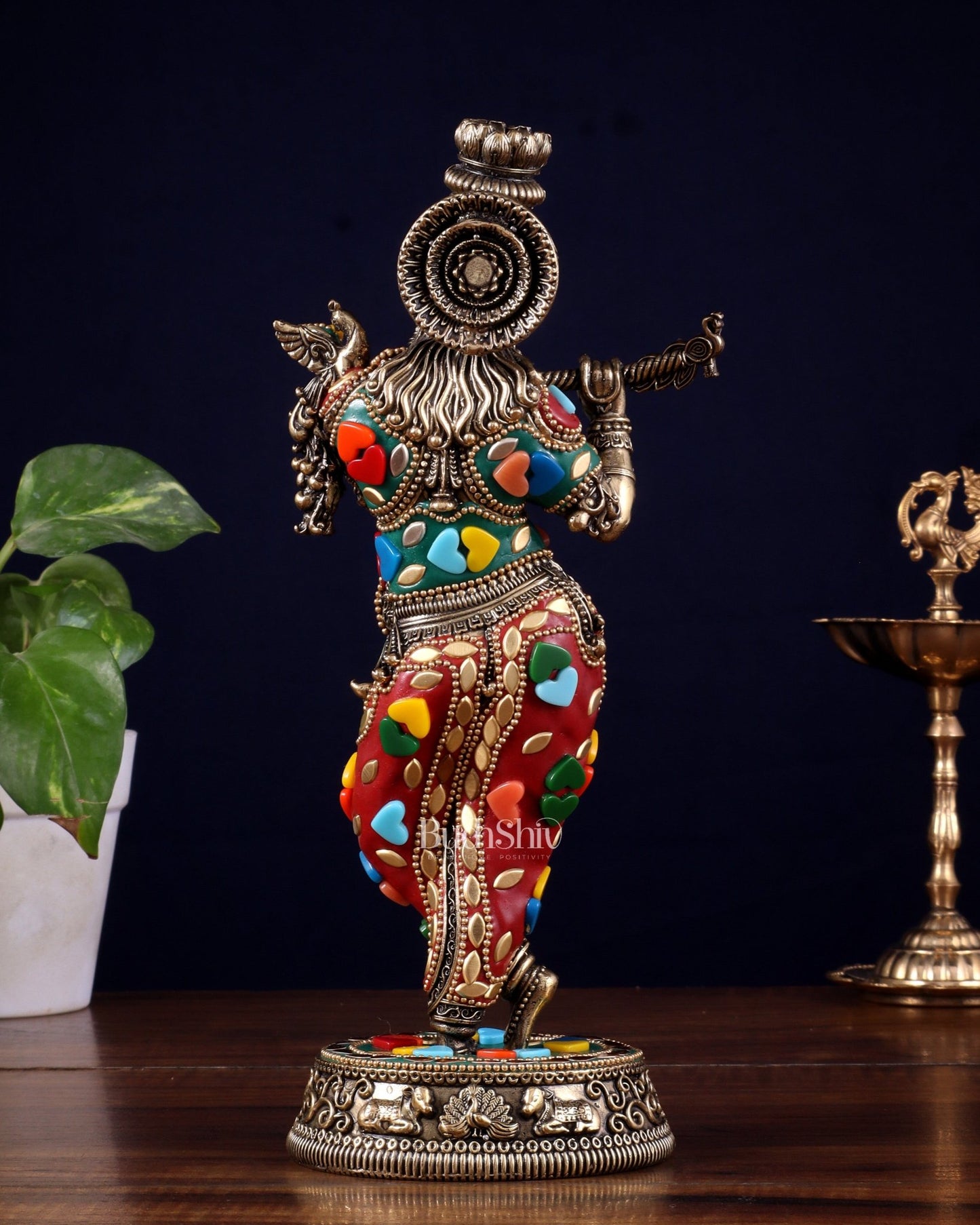 Brass Superfine Lord Krishna Idol with Meenakari Stonework – 9.5 Inch - Budhshiv.com