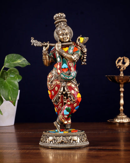 Brass Superfine Lord Krishna Idol with Meenakari Stonework – 9.5 Inch - Budhshiv.com