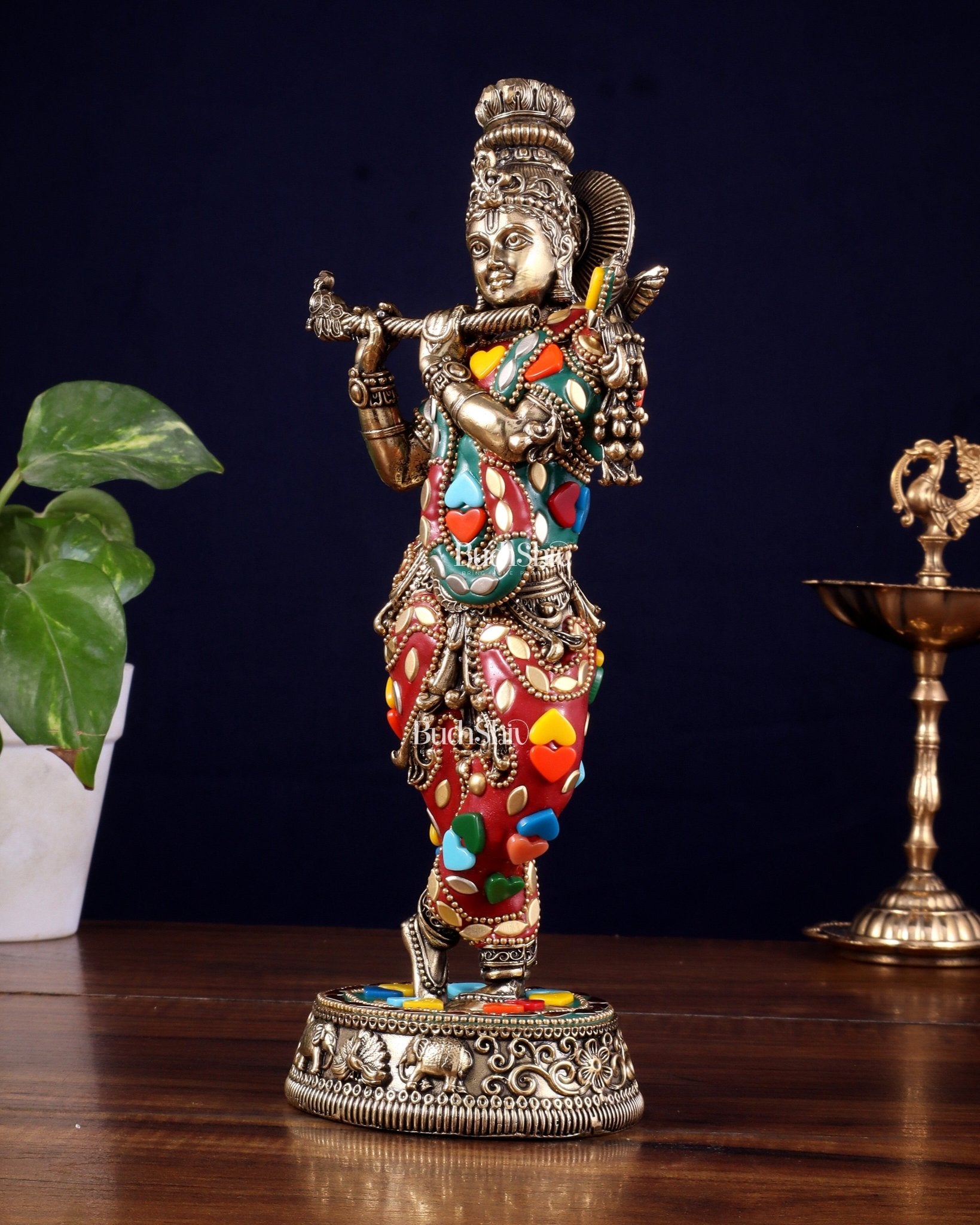 Brass Superfine Lord Krishna Idol with Meenakari Stonework – 9.5 Inch - Budhshiv.com