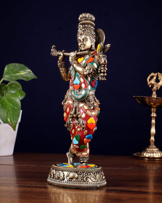 Brass Superfine Lord Krishna Idol with Meenakari Stonework – 9.5 Inch - Budhshiv.com
