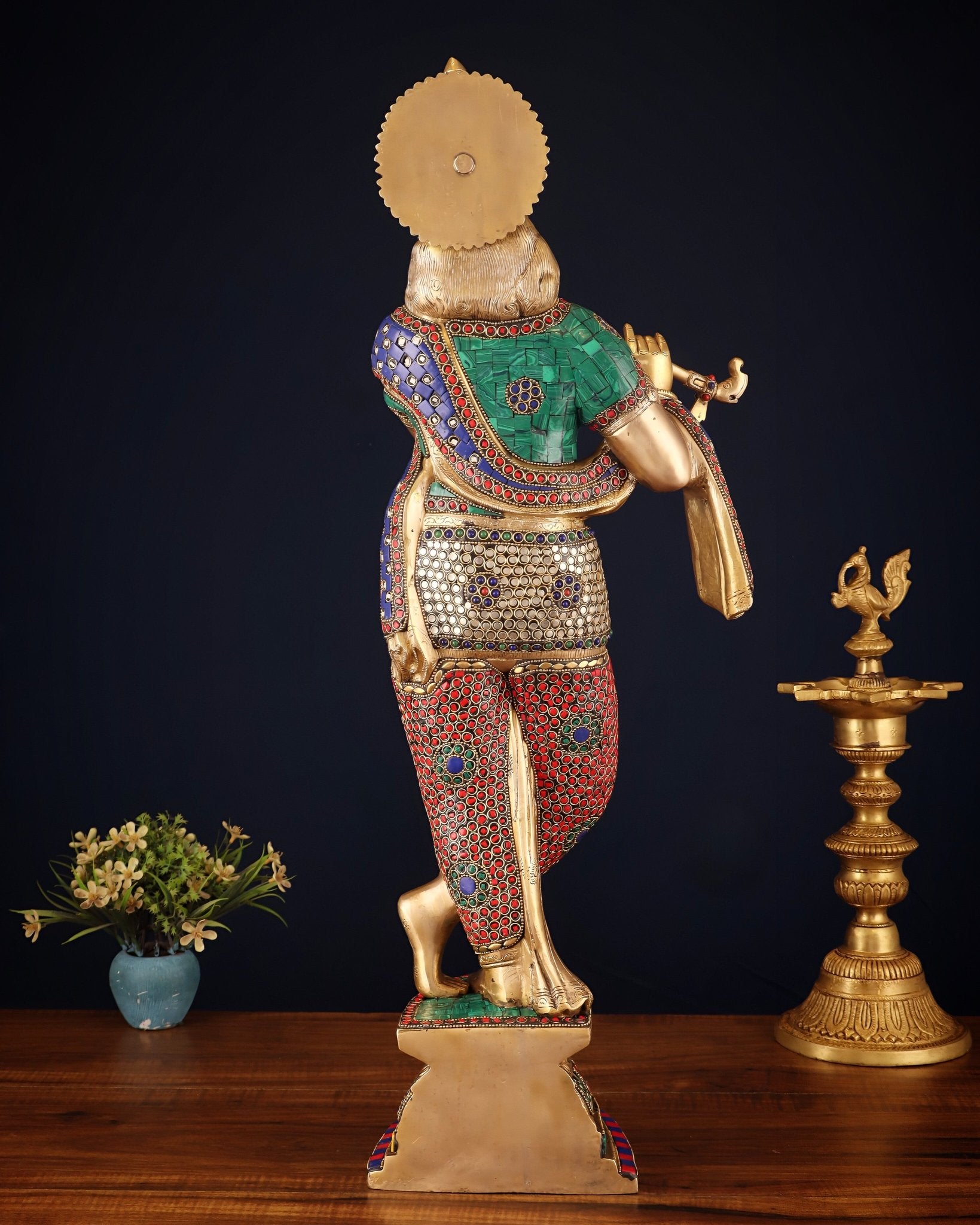 Brass Superfine Lord Krishna Sculpture - 26.5" stonework - Budhshiv.com