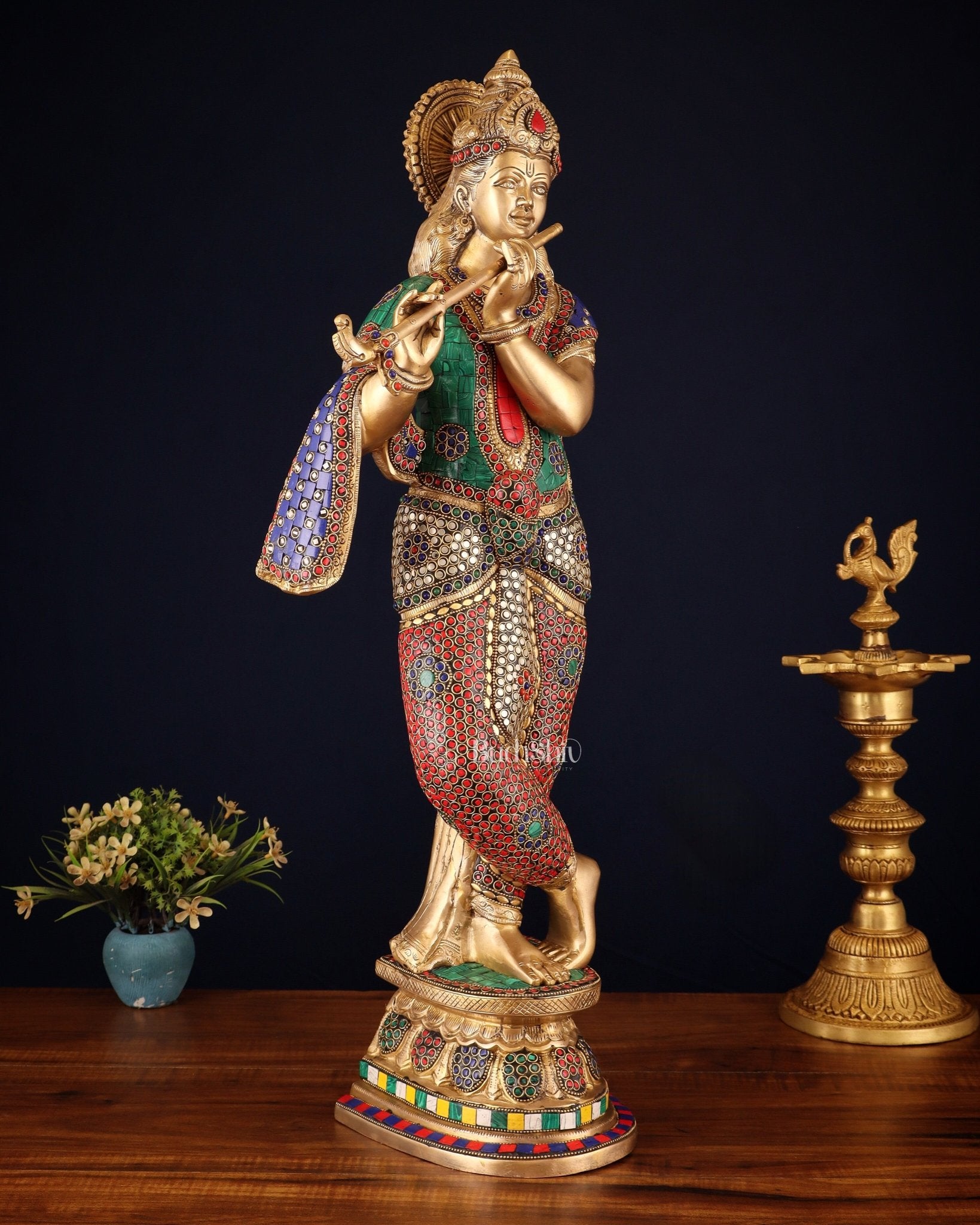 Brass Superfine Lord Krishna Sculpture - 26.5" stonework - Budhshiv.com