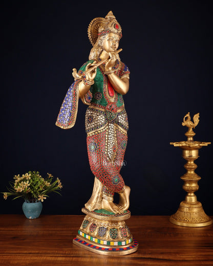 Brass Superfine Lord Krishna Sculpture - 26.5" stonework - Budhshiv.com