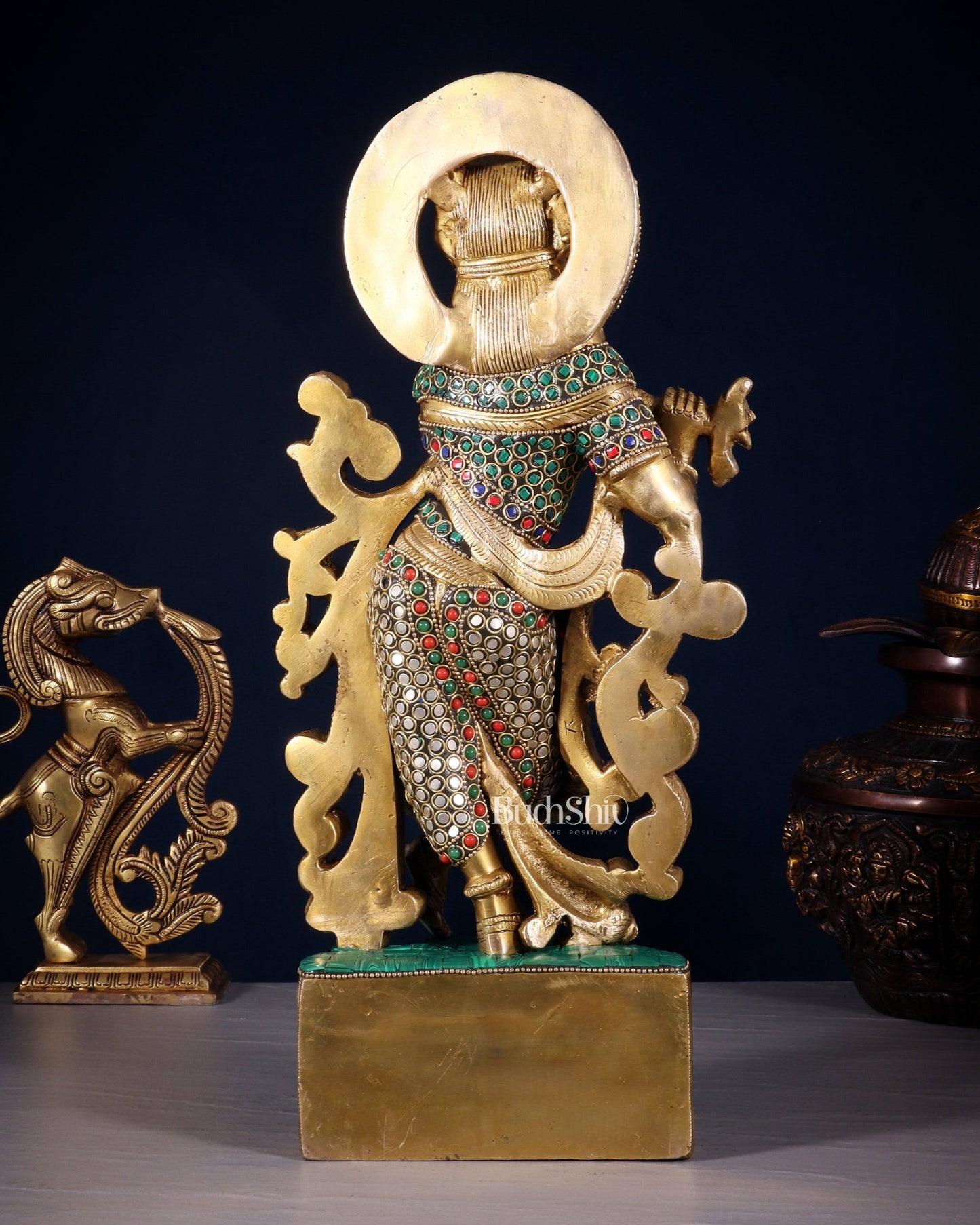 Brass Superfine Lord Krishna Statue - 15.5 Inch meenakari Stonework - Budhshiv.com