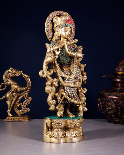 Brass Superfine Lord Krishna Statue - 15.5 Inch meenakari Stonework - Budhshiv.com